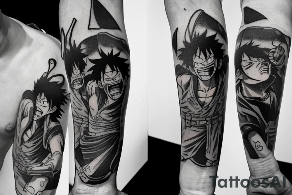 tattoo design that incorporates elements from the anime One Piece, Cowboy Bebop, Great Teacher Onizuka, and Gintama. The tattoo should be located on the forearm and feature a central figure of Monkey D. Luffy from One Piece, surrounded by references to the other anime. The design could include a silhouette of Spike Spiegel from Cowboy Bebop, a speech bubble with a quote from Great Teacher Onizuka, a small image of Gintoki Sakata from Gintama, and background elements such as cherry blossoms, stars, and waves. The elements should be arranged in a cohesive and visually interesting composition. Feel free to modify or add elements to the design based on personal preferences and style. tattoo idea