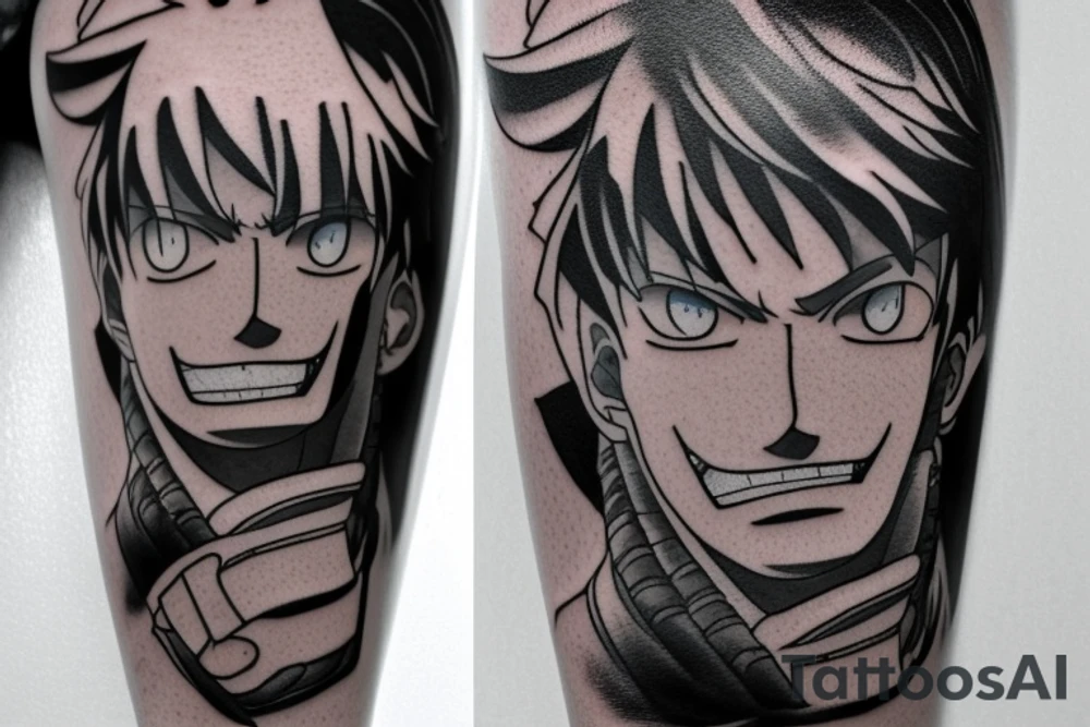 tattoo design that incorporates elements from the anime One Piece, Cowboy Bebop, Great Teacher Onizuka, and Gintama. The tattoo should be located on the forearm and feature a central figure of Monkey D. Luffy from One Piece, surrounded by references to the other anime. The design could include a silhouette of Spike Spiegel from Cowboy Bebop, a speech bubble with a quote from Great Teacher Onizuka, a small image of Gintoki Sakata from Gintama, and background elements such as cherry blossoms, stars, and waves. The elements should be arranged in a cohesive and visually interesting composition. Feel free to modify or add elements to the design based on personal preferences and style. tattoo idea