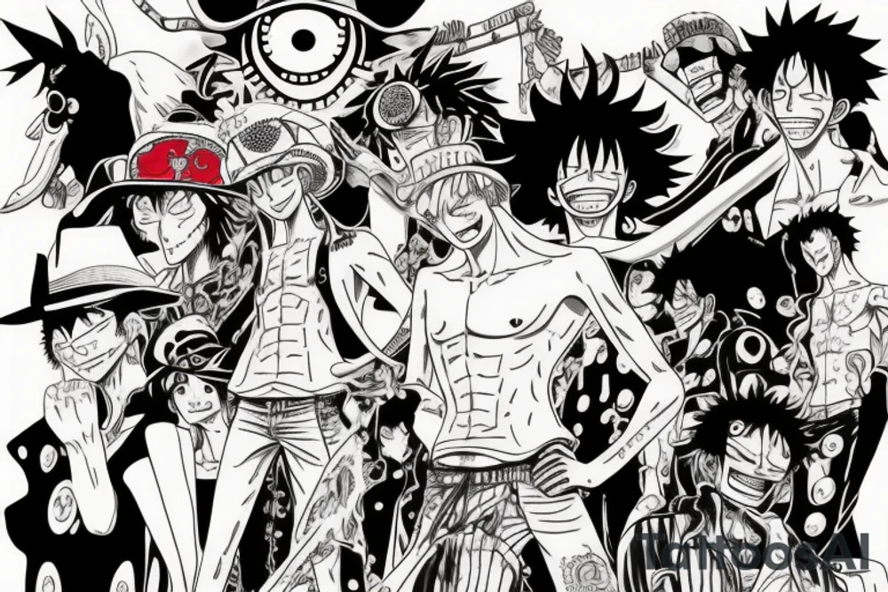 tattoo design that incorporates elements from the anime One Piece, Cowboy Bebop, Great Teacher Onizuka, and Gintama. The tattoo should be located on the forearm and feature a central figure of Monkey D. Luffy from One Piece, surrounded by references to the other anime. The design could include a silhouette of Spike Spiegel from Cowboy Bebop, a speech bubble with a quote from Great Teacher Onizuka, a small image of Gintoki Sakata from Gintama, and background elements such as cherry blossoms, stars, and waves. The elements should be arranged in a cohesive and visually interesting composition. Feel free to modify or add elements to the design based on personal preferences and style. tattoo idea