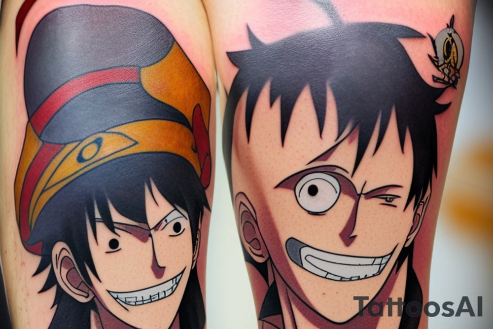 tattoo design that incorporates elements from the anime One Piece, Cowboy Bebop, Great Teacher Onizuka, and Gintama. The tattoo should be located on the forearm and feature a central figure of Monkey D. Luffy from One Piece, surrounded by references to the other anime. The design could include a silhouette of Spike Spiegel from Cowboy Bebop, a speech bubble with a quote from Great Teacher Onizuka, a small image of Gintoki Sakata from Gintama, and background elements such as cherry blossoms, stars, and waves. The elements should be arranged in a cohesive and visually interesting composition. Feel free to modify or add elements to the design based on personal preferences and style. tattoo idea