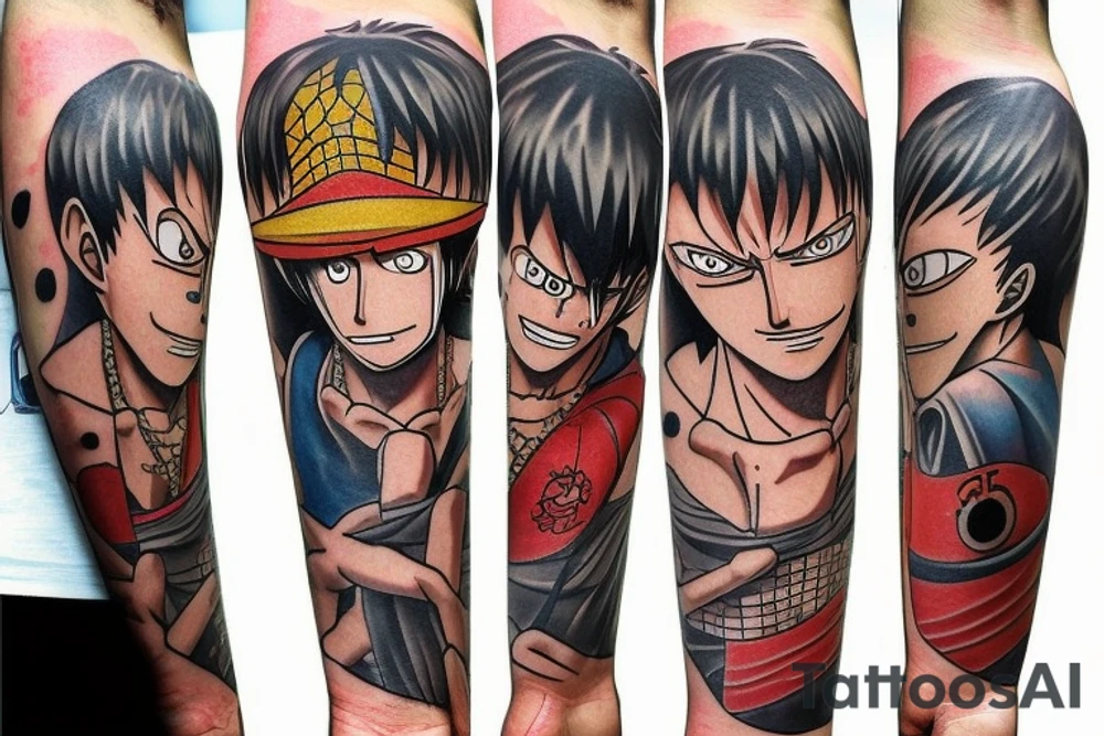 tattoo design that incorporates elements from the anime One Piece, Cowboy Bebop, Great Teacher Onizuka, and Gintama. The tattoo should be located on the forearm and feature a central figure of Monkey D. Luffy from One Piece, surrounded by references to the other anime. The design could include a silhouette of Spike Spiegel from Cowboy Bebop, a speech bubble with a quote from Great Teacher Onizuka, a small image of Gintoki Sakata from Gintama, and background elements such as cherry blossoms, stars, and waves. The elements should be arranged in a cohesive and visually interesting composition. Feel free to modify or add elements to the design based on personal preferences and style. tattoo idea
