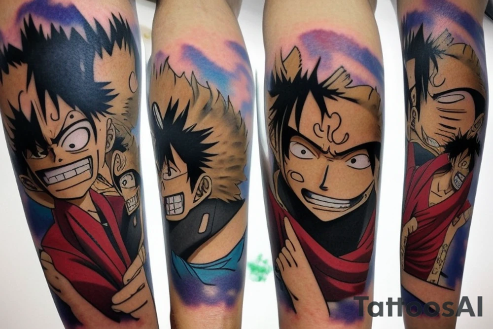 tattoo design that incorporates elements from the anime One Piece, Cowboy Bebop, Great Teacher Onizuka, and Gintama. The tattoo should be located on the forearm and feature a central figure of Monkey D. Luffy from One Piece, surrounded by references to the other anime. The design could include a silhouette of Spike Spiegel from Cowboy Bebop, a speech bubble with a quote from Great Teacher Onizuka, a small image of Gintoki Sakata from Gintama, and background elements such as cherry blossoms, stars, and waves. The elements should be arranged in a cohesive and visually interesting composition. Feel free to modify or add elements to the design based on personal preferences and style. tattoo idea