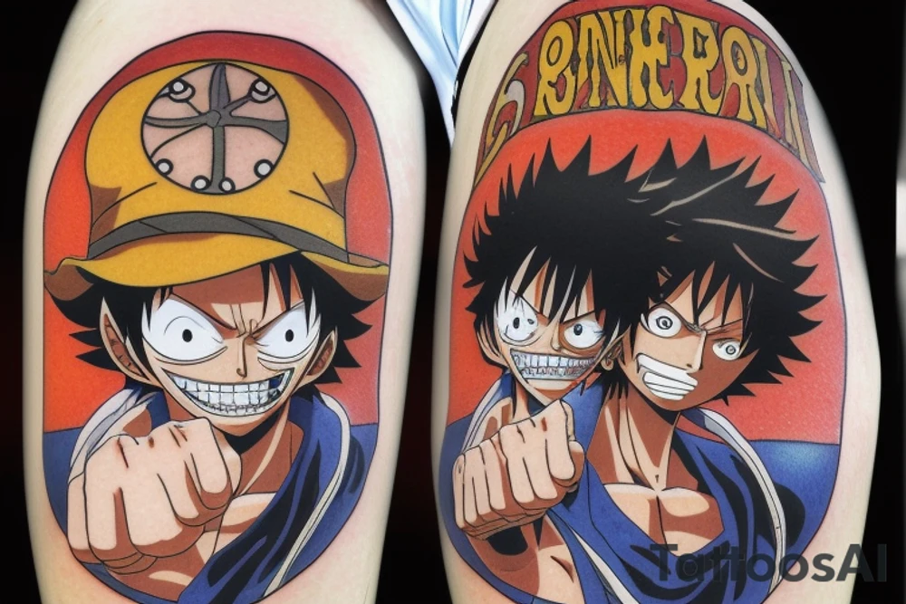 tattoo design that incorporates elements from the anime One Piece, Cowboy Bebop, Great Teacher Onizuka, and Gintama. The tattoo should be located on the forearm and feature a central figure of Monkey D. Luffy from One Piece, surrounded by references to the other anime. The design could include a silhouette of Spike Spiegel from Cowboy Bebop, a speech bubble with a quote from Great Teacher Onizuka, a small image of Gintoki Sakata from Gintama, and background elements such as cherry blossoms, stars, and waves. The elements should be arranged in a cohesive and visually interesting composition. Feel free to modify or add elements to the design based on personal preferences and style. tattoo idea