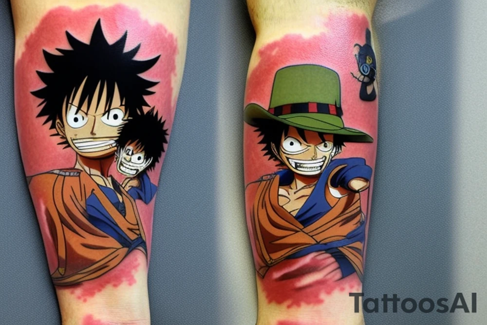 tattoo design that incorporates elements from the anime One Piece, Cowboy Bebop, Great Teacher Onizuka, and Gintama. The tattoo should be located on the forearm and feature a central figure of Monkey D. Luffy from One Piece, surrounded by references to the other anime. The design could include a silhouette of Spike Spiegel from Cowboy Bebop, a speech bubble with a quote from Great Teacher Onizuka, a small image of Gintoki Sakata from Gintama, and background elements such as cherry blossoms, stars, and waves. The elements should be arranged in a cohesive and visually interesting composition. Feel free to modify or add elements to the design based on personal preferences and style. tattoo idea