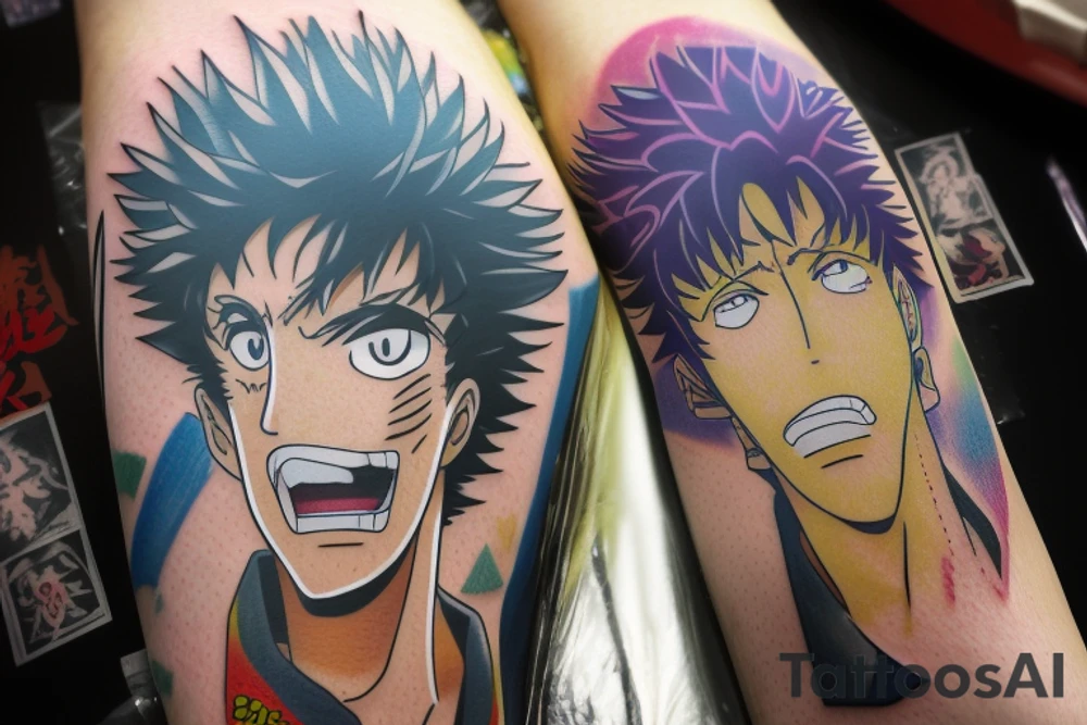 Write a sketch for a tattoo artist on the forearm of a person who wants a design that references the anime series One Piece, Cowboy Bebop, Great Teacher Onizuka, and Gintama. The design should prominently feature Spike Spiegel from Cowboy Bebop smoking a cigarette, with a ship from One Piece flying out of the smoke. Other characters from the different anime should also be included in the design, such as Eikichi Onizuka from Great Teacher Onizuka and Gintoki Sakata from Gintama. Additionally, the design should incorporate iconic imagery from the different anime, such as Onizuka's motorcycle and a bowl of ramen (a favorite food of Gintoki's). The overall design should pay tribute to the adventurous and rebellious spirit of these beloved anime series. tattoo idea