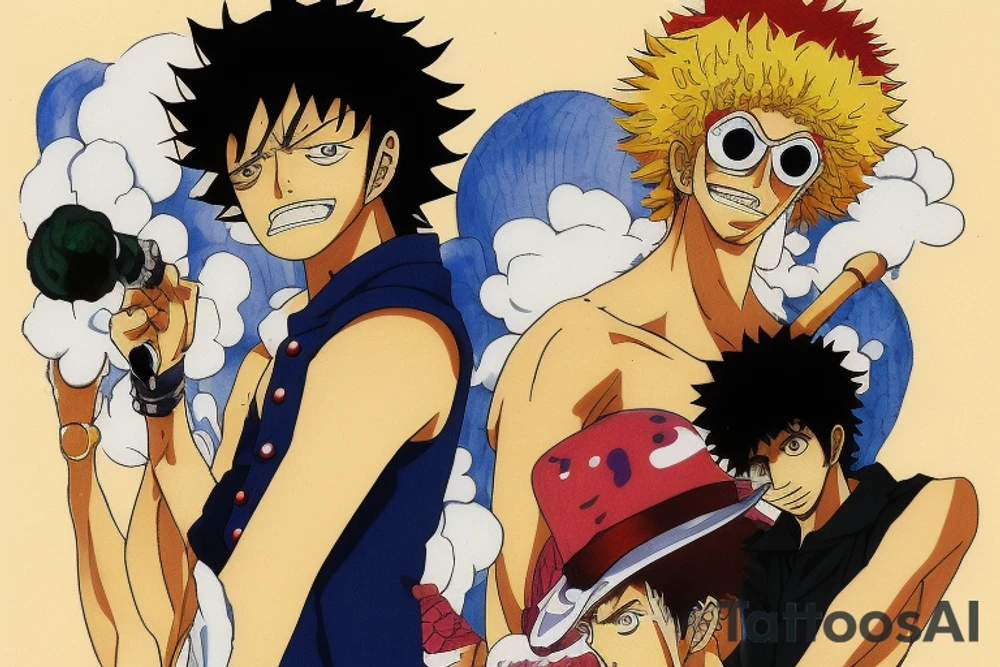 Write a sketch for a tattoo artist on the forearm of a person who wants a design that references the anime series One Piece, Cowboy Bebop, Great Teacher Onizuka, and Gintama. The design should prominently feature Spike Spiegel from Cowboy Bebop smoking a cigarette, with a ship from One Piece flying out of the smoke. Other characters from the different anime should also be included in the design, such as Eikichi Onizuka from Great Teacher Onizuka and Gintoki Sakata from Gintama. Additionally, the design should incorporate iconic imagery from the different anime, such as Onizuka's motorcycle and a bowl of ramen (a favorite food of Gintoki's). The overall design should pay tribute to the adventurous and rebellious spirit of these beloved anime series. tattoo idea