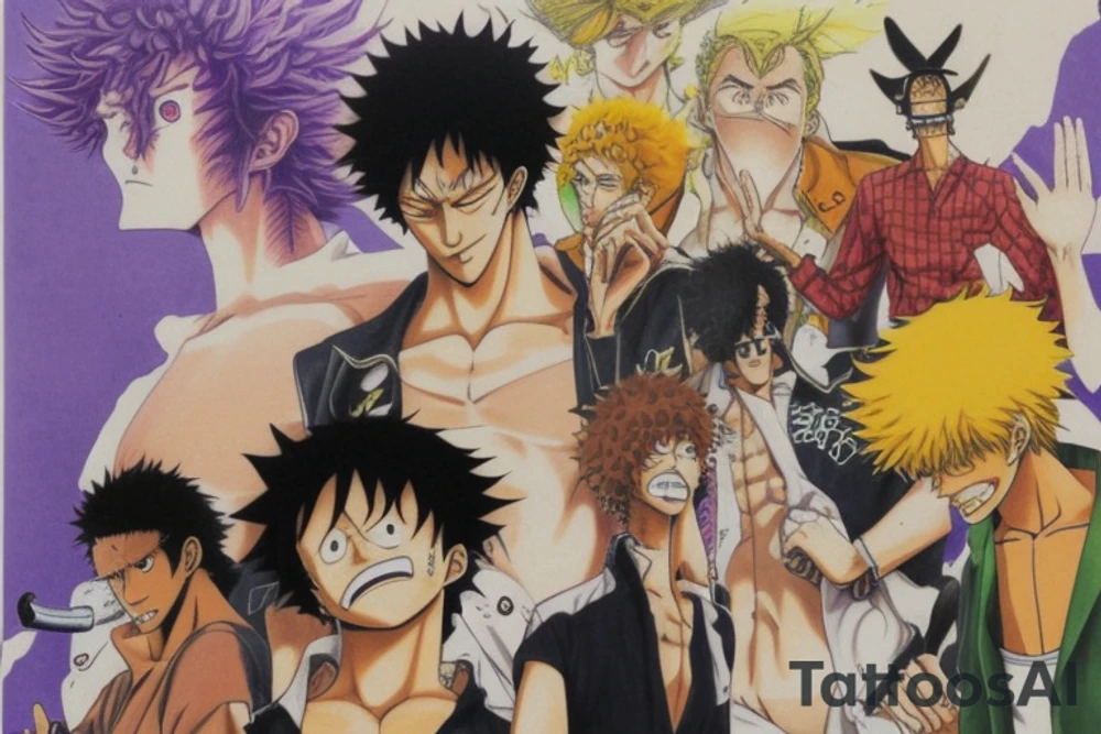 Write a sketch for a tattoo artist on the forearm of a person who wants a design that references the anime series One Piece, Cowboy Bebop, Great Teacher Onizuka, and Gintama. The design should prominently feature Spike Spiegel from Cowboy Bebop smoking a cigarette, with a ship from One Piece flying out of the smoke. Other characters from the different anime should also be included in the design, such as Eikichi Onizuka from Great Teacher Onizuka and Gintoki Sakata from Gintama. Additionally, the design should incorporate iconic imagery from the different anime, such as Onizuka's motorcycle and a bowl of ramen (a favorite food of Gintoki's). The overall design should pay tribute to the adventurous and rebellious spirit of these beloved anime series. tattoo idea