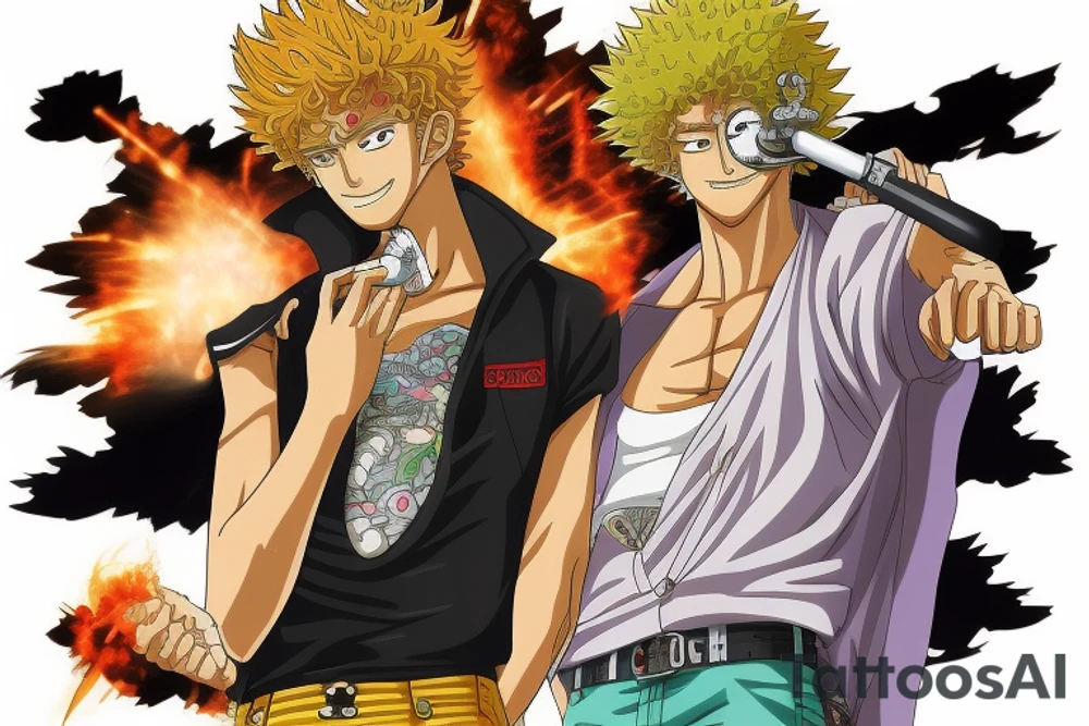 Write a sketch for a tattoo artist on the forearm of a person who wants a design that references the anime series One Piece, Cowboy Bebop, Great Teacher Onizuka, and Gintama. The design should prominently feature Spike Spiegel from Cowboy Bebop smoking a cigarette, with a ship from One Piece flying out of the smoke. Other characters from the different anime should also be included in the design, such as Eikichi Onizuka from Great Teacher Onizuka and Gintoki Sakata from Gintama. Additionally, the design should incorporate iconic imagery from the different anime, such as Onizuka's motorcycle and a bowl of ramen (a favorite food of Gintoki's). The overall design should pay tribute to the adventurous and rebellious spirit of these beloved anime series. tattoo idea