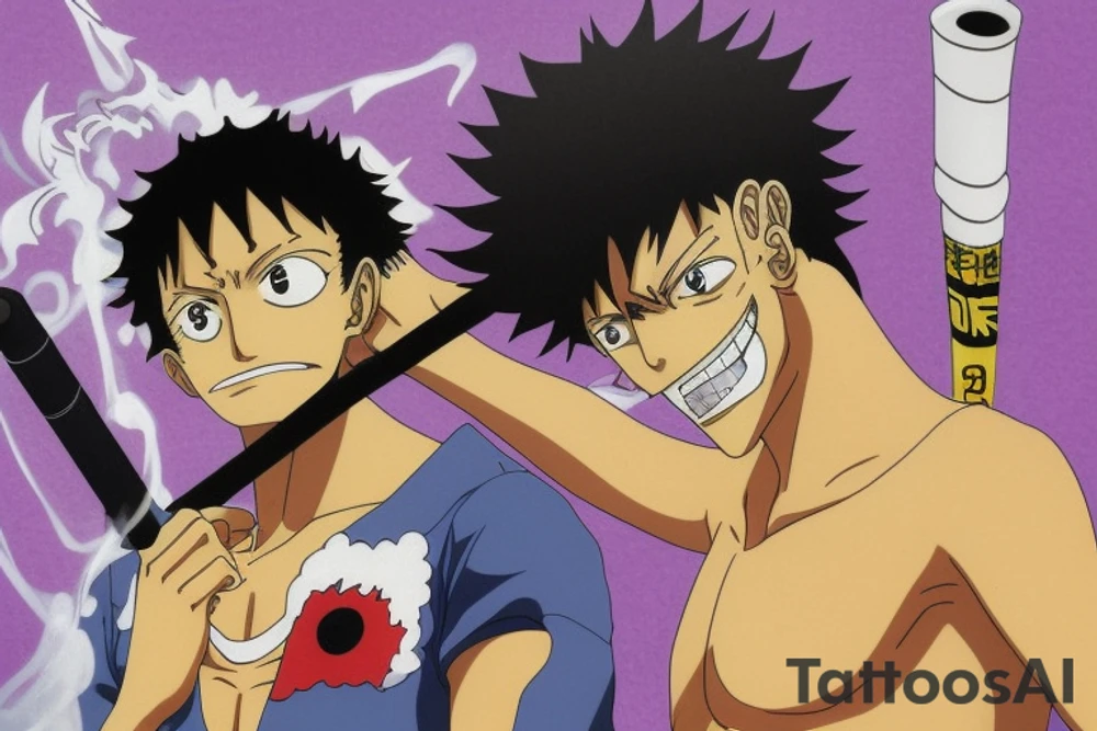 Write a sketch for a tattoo artist on the forearm of a person who wants a design that references the anime series One Piece, Cowboy Bebop, Great Teacher Onizuka, and Gintama. The design should prominently feature Spike Spiegel from Cowboy Bebop smoking a cigarette, with a ship from One Piece flying out of the smoke. Other characters from the different anime should also be included in the design, such as Eikichi Onizuka from Great Teacher Onizuka and Gintoki Sakata from Gintama. Additionally, the design should incorporate iconic imagery from the different anime, such as Onizuka's motorcycle and a bowl of ramen (a favorite food of Gintoki's). The overall design should pay tribute to the adventurous and rebellious spirit of these beloved anime series. tattoo idea