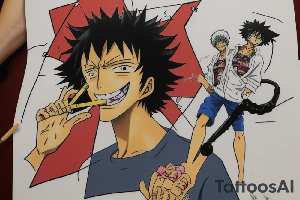 Write a sketch for a tattoo artist on the forearm of a person who wants a design that references the anime series One Piece, Cowboy Bebop, Great Teacher Onizuka, and Gintama. The design should prominently feature Spike Spiegel from Cowboy Bebop smoking a cigarette, with a ship from One Piece flying out of the smoke. Other characters from the different anime should also be included in the design, such as Eikichi Onizuka from Great Teacher Onizuka and Gintoki Sakata from Gintama. Additionally, the design should incorporate iconic imagery from the different anime, such as Onizuka's motorcycle and a bowl of ramen (a favorite food of Gintoki's). The overall design should pay tribute to the adventurous and rebellious spirit of these beloved anime series. tattoo idea