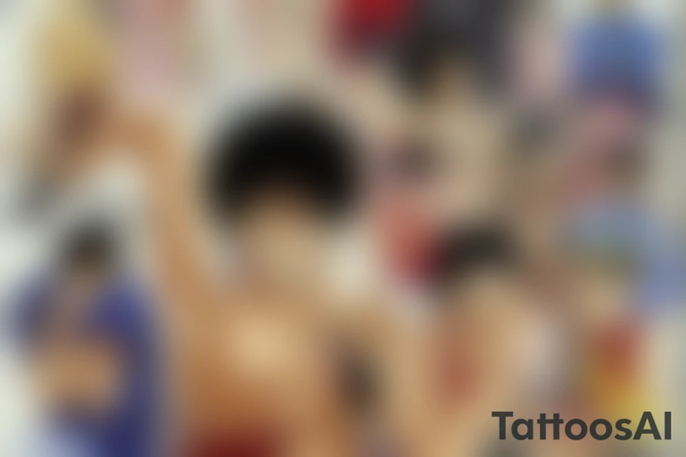 Write a sketch for a tattoo artist on the forearm of a person who wants a design that references the anime series One Piece, Cowboy Bebop, Great Teacher Onizuka, and Gintama. The design should prominently feature Spike Spiegel from Cowboy Bebop smoking a cigarette, with a ship from One Piece flying out of the smoke. Other characters from the different anime should also be included in the design, such as Eikichi Onizuka from Great Teacher Onizuka and Gintoki Sakata from Gintama. Additionally, the design should incorporate iconic imagery from the different anime, such as Onizuka's motorcycle and a bowl of ramen (a favorite food of Gintoki's). The overall design should pay tribute to the adventurous and rebellious spirit of these beloved anime series. tattoo idea