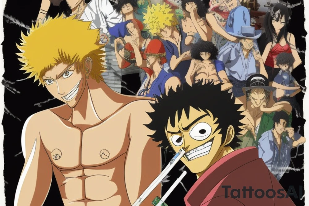 Write a sketch for a tattoo artist on the forearm of a person who wants a design that references the anime series One Piece, Cowboy Bebop, Great Teacher Onizuka, and Gintama. The design should prominently feature Spike Spiegel from Cowboy Bebop smoking a cigarette, with a ship from One Piece flying out of the smoke. Other characters from the different anime should also be included in the design, such as Eikichi Onizuka from Great Teacher Onizuka and Gintoki Sakata from Gintama. Additionally, the design should incorporate iconic imagery from the different anime, such as Onizuka's motorcycle and a bowl of ramen (a favorite food of Gintoki's). The overall design should pay tribute to the adventurous and rebellious spirit of these beloved anime series. tattoo idea