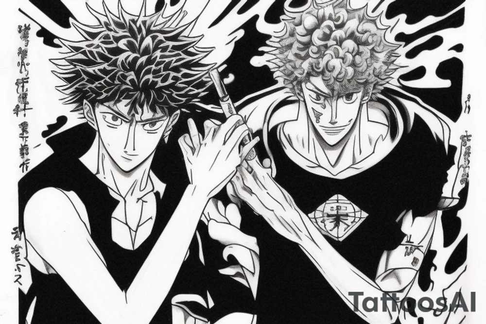 Write a sketch for a tattoo artist on the forearm of a person who wants a design that references the anime series One Piece, Cowboy Bebop, Great Teacher Onizuka, and Gintama. The design should prominently feature Spike Spiegel from Cowboy Bebop smoking a cigarette, with a ship from One Piece flying out of the smoke. Other characters from the different anime should also be included in the design, such as Eikichi Onizuka from Great Teacher Onizuka and Gintoki Sakata from Gintama. Additionally, the design should incorporate iconic imagery from the different anime, such as Onizuka's motorcycle and a bowl of ramen (a favorite food of Gintoki's). The overall design should pay tribute to the adventurous and rebellious spirit of these beloved anime series. tattoo idea