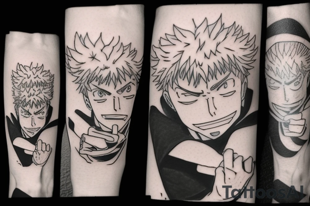 Write a sketch for a tattoo artist on the forearm of a person who wants a design that references the anime series One Piece, Cowboy Bebop, Great Teacher Onizuka, and Gintama. The design should prominently feature Spike Spiegel from Cowboy Bebop smoking a cigarette, with a ship from One Piece flying out of the smoke. Other characters from the different anime should also be included in the design, such as Eikichi Onizuka from Great Teacher Onizuka and Gintoki Sakata from Gintama. Additionally, the design should incorporate iconic imagery from the different anime, such as Onizuka's motorcycle and a bowl of ramen (a favorite food of Gintoki's). The overall design should pay tribute to the adventurous and rebellious spirit of these beloved anime series. tattoo idea