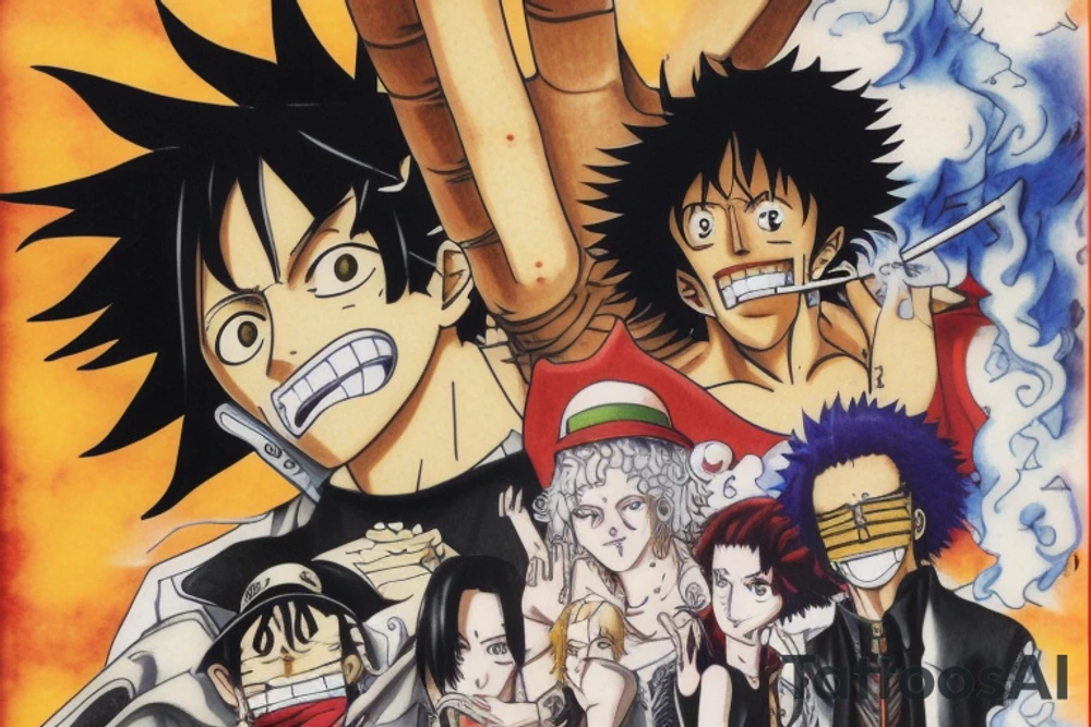 Write a sketch for a tattoo artist on the forearm of a person who wants a design that references the anime series One Piece, Cowboy Bebop, Great Teacher Onizuka, and Gintama. The design should prominently feature Spike Spiegel from Cowboy Bebop smoking a cigarette, with a ship from One Piece flying out of the smoke. Other characters from the different anime should also be included in the design, such as Eikichi Onizuka from Great Teacher Onizuka and Gintoki Sakata from Gintama. Additionally, the design should incorporate iconic imagery from the different anime, such as Onizuka's motorcycle and a bowl of ramen (a favorite food of Gintoki's). The overall design should pay tribute to the adventurous and rebellious spirit of these beloved anime series. tattoo idea