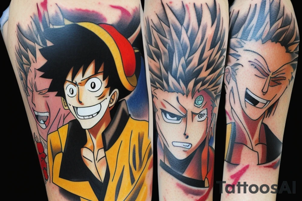 Write a sketch for a tattoo artist on the forearm of a person who wants a design that references the anime series One Piece, Cowboy Bebop, Great Teacher Onizuka, and Gintama. The design should prominently feature Spike Spiegel from Cowboy Bebop smoking a cigarette, with a ship from One Piece flying out of the smoke. Other characters from the different anime should also be included in the design, such as Eikichi Onizuka from Great Teacher Onizuka and Gintoki Sakata from Gintama. Additionally, the design should incorporate iconic imagery from the different anime, such as Onizuka's motorcycle and a bowl of ramen (a favorite food of Gintoki's). The overall design should pay tribute to the adventurous and rebellious spirit of these beloved anime series. tattoo idea