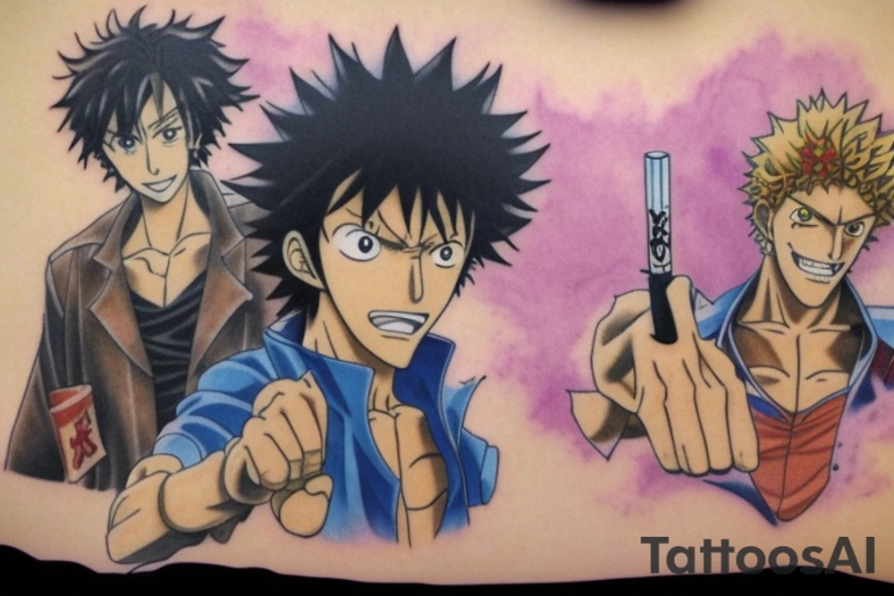 Write a sketch for a tattoo artist on the forearm of a person who wants a design that references the anime series One Piece, Cowboy Bebop, Great Teacher Onizuka, and Gintama. The design should prominently feature Spike Spiegel from Cowboy Bebop smoking a cigarette, with a ship from One Piece flying out of the smoke. Other characters from the different anime should also be included in the design, such as Eikichi Onizuka from Great Teacher Onizuka and Gintoki Sakata from Gintama. Additionally, the design should incorporate iconic imagery from the different anime, such as Onizuka's motorcycle and a bowl of ramen (a favorite food of Gintoki's). The overall design should pay tribute to the adventurous and rebellious spirit of these beloved anime series. tattoo idea