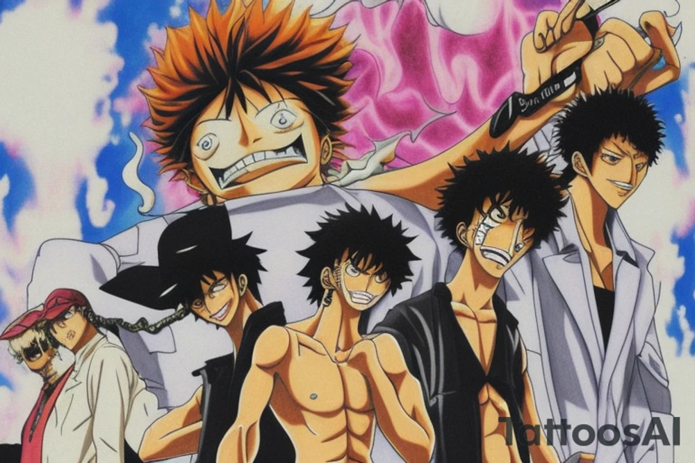 Write a sketch for a tattoo artist on the forearm of a person who wants a design that references the anime series One Piece, Cowboy Bebop, Great Teacher Onizuka, and Gintama. The design should prominently feature Spike Spiegel from Cowboy Bebop smoking a cigarette, with a ship from One Piece flying out of the smoke. Other characters from the different anime should also be included in the design, such as Eikichi Onizuka from Great Teacher Onizuka and Gintoki Sakata from Gintama. Additionally, the design should incorporate iconic imagery from the different anime, such as Onizuka's motorcycle and a bowl of ramen (a favorite food of Gintoki's). The overall design should pay tribute to the adventurous and rebellious spirit of these beloved anime series. tattoo idea