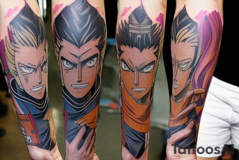 Write a sketch for a tattoo artist on the forearm of a person who wants a design that references the anime series One Piece, Cowboy Bebop, Great Teacher Onizuka, and Gintama. The design should prominently feature Spike Spiegel from Cowboy Bebop smoking a cigarette, with a ship from One Piece flying out of the smoke. Other characters from the different anime should also be included in the design, such as Eikichi Onizuka from Great Teacher Onizuka and Gintoki Sakata from Gintama. Additionally, the design should incorporate iconic imagery from the different anime, such as Onizuka's motorcycle and a bowl of ramen (a favorite food of Gintoki's). The overall design should pay tribute to the adventurous and rebellious spirit of these beloved anime series. tattoo idea
