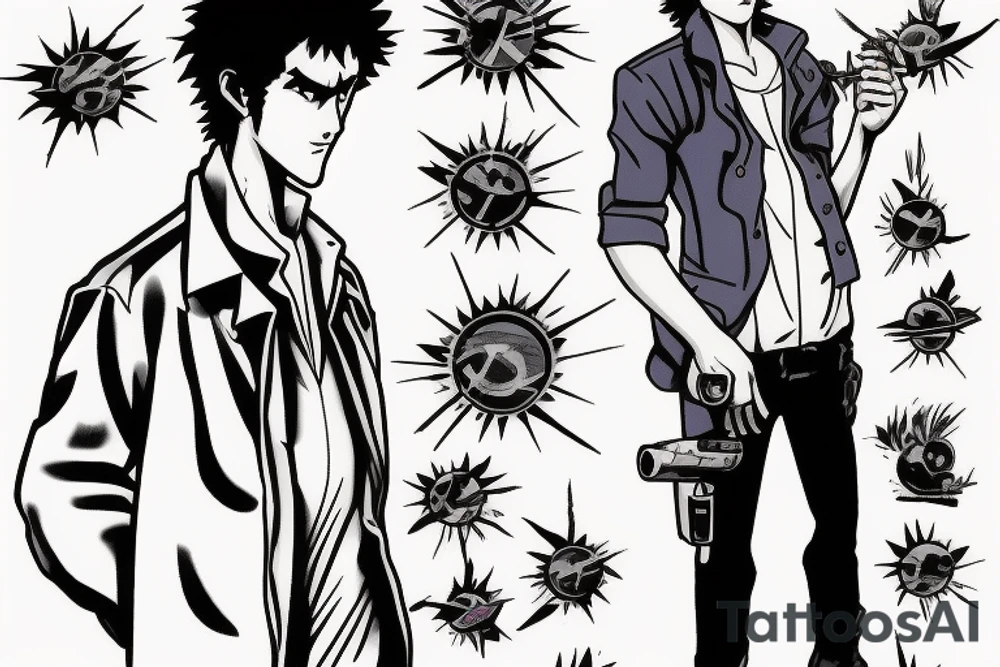 Spike Spiegel from Cowboy Bebop, smokes a cigarette from which comes liv. The ship of a Thousand Suns flies out in the smoke tattoo idea