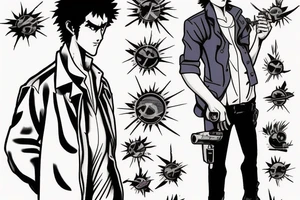 Spike Spiegel from Cowboy Bebop, smokes a cigarette from which comes liv. The ship of a Thousand Suns flies out in the smoke tattoo idea