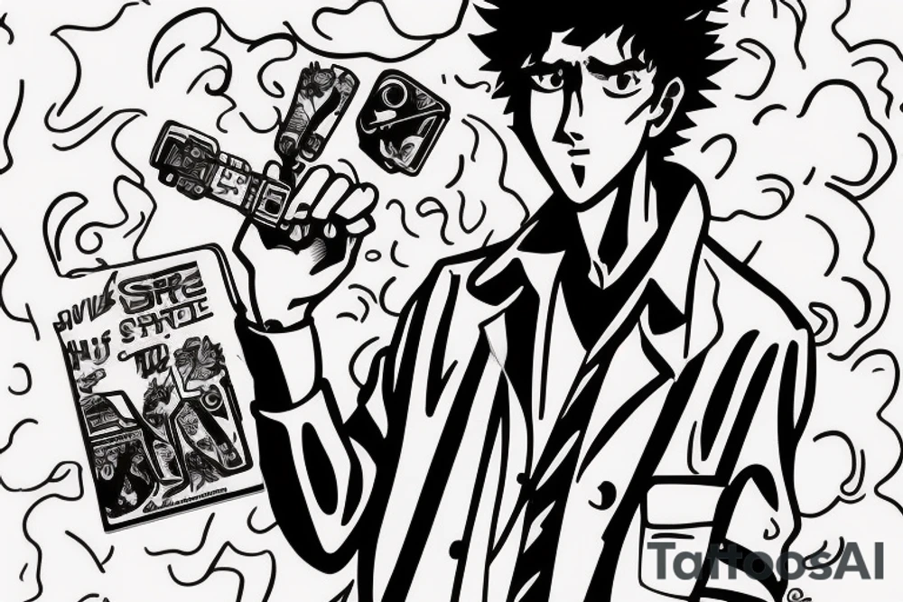 Spike Spiegel from Cowboy Bebop, smokes a cigarette from which comes liv. The ship of a Thousand Suns flies out in the smoke tattoo idea