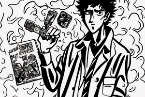 Spike Spiegel from Cowboy Bebop, smokes a cigarette from which comes liv. The ship of a Thousand Suns flies out in the smoke tattoo idea