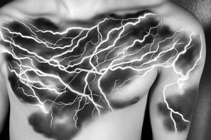 Chest peice with lightning in the night sky tattoo idea