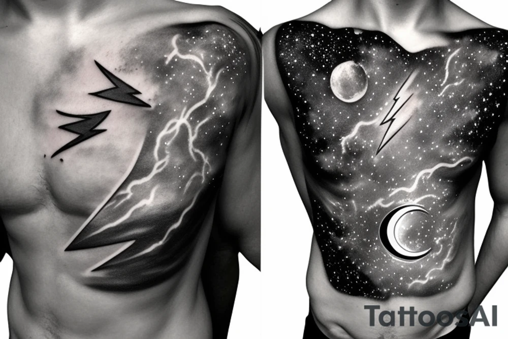 Chest peice with lightning in the night sky with moon and stars tattoo idea