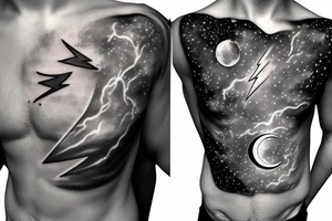 Chest peice with lightning in the night sky with moon and stars tattoo idea