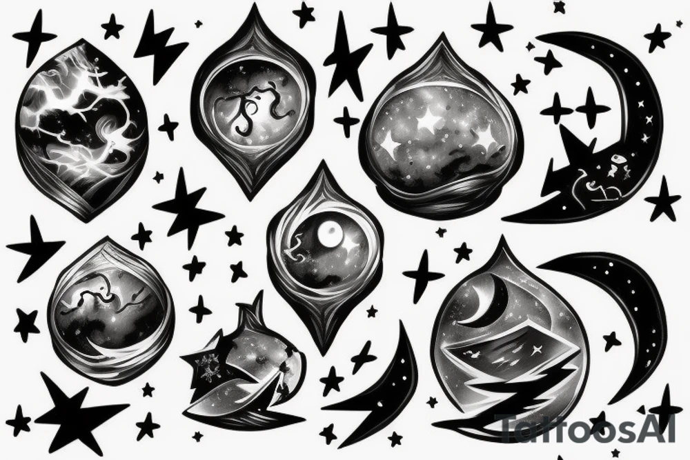 Chest peice with lightning in the night sky with moon and stars tattoo idea