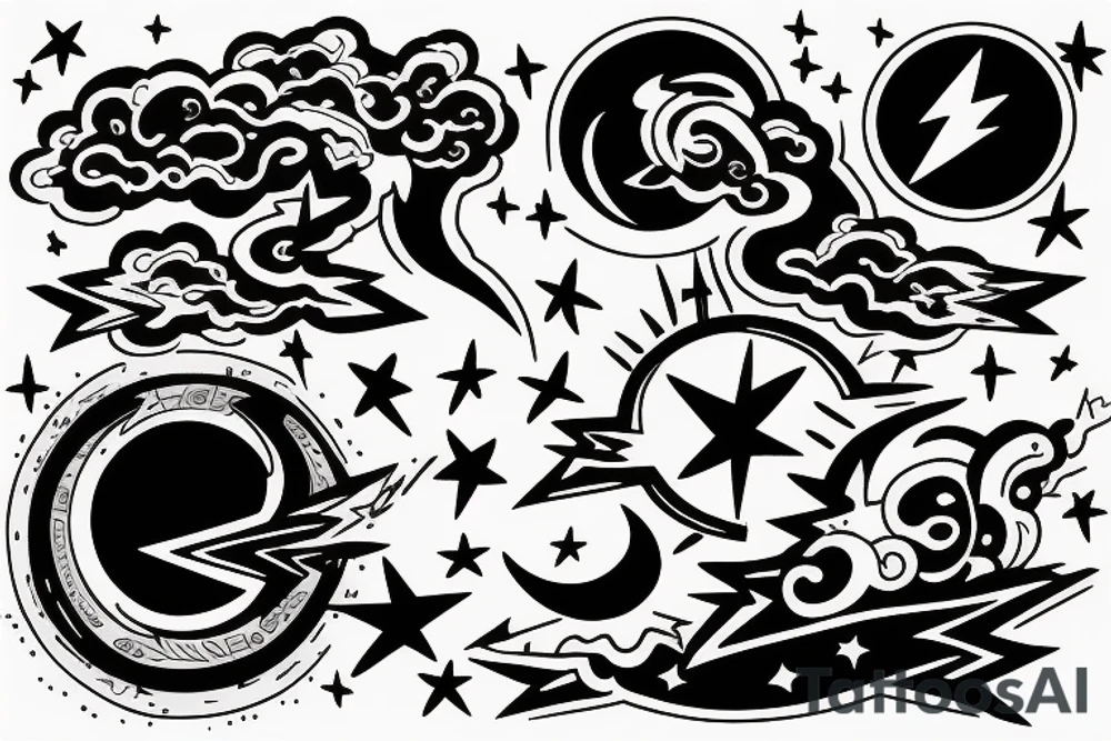 Chest peice with lightning in the night sky with moon and stars tattoo idea