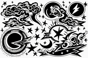 Chest peice with lightning in the night sky with moon and stars tattoo idea