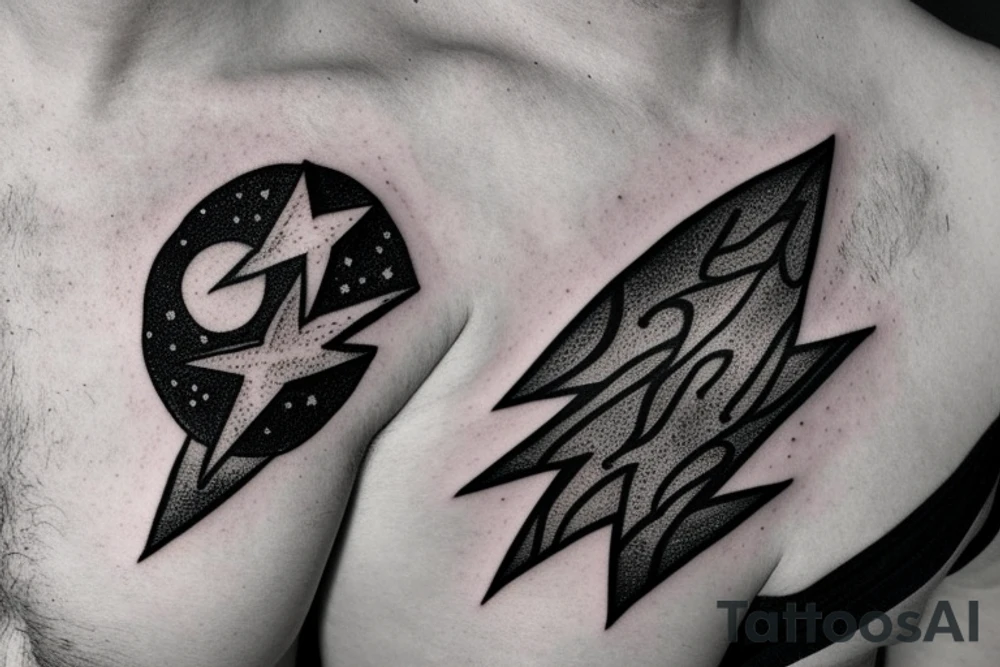 Chest peice with lightning in the night sky with moon and stars tattoo idea