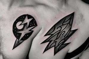 Chest peice with lightning in the night sky with moon and stars tattoo idea