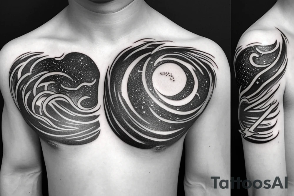Chest peice with lightning in the night sky with moon and stars tattoo idea