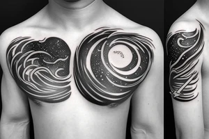 Chest peice with lightning in the night sky with moon and stars tattoo idea