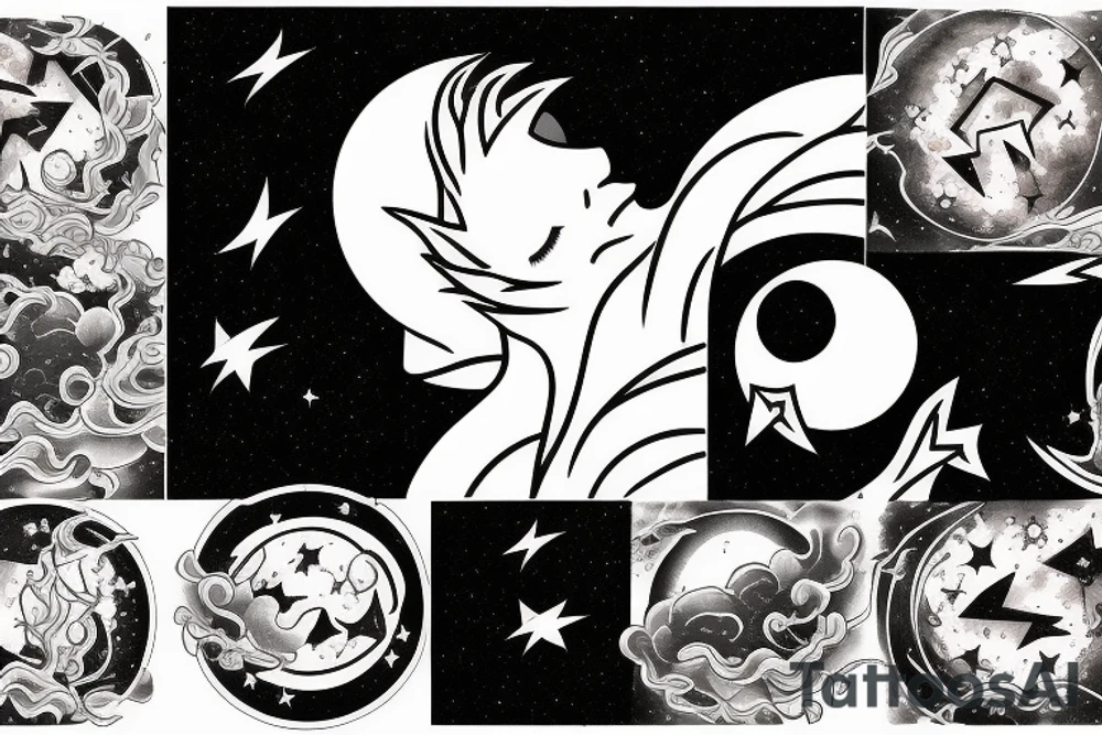 Chest peice with lightning in the night sky with moon and stars tattoo idea