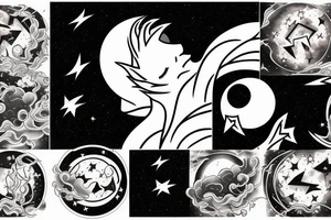 Chest peice with lightning in the night sky with moon and stars tattoo idea