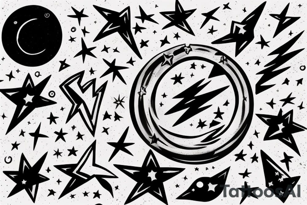 Chest peice with lightning in the night sky with moon and stars tattoo idea