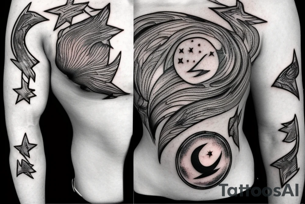 Chest peice with lightning in the night sky with moon and stars tattoo idea