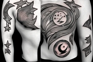 Chest peice with lightning in the night sky with moon and stars tattoo idea