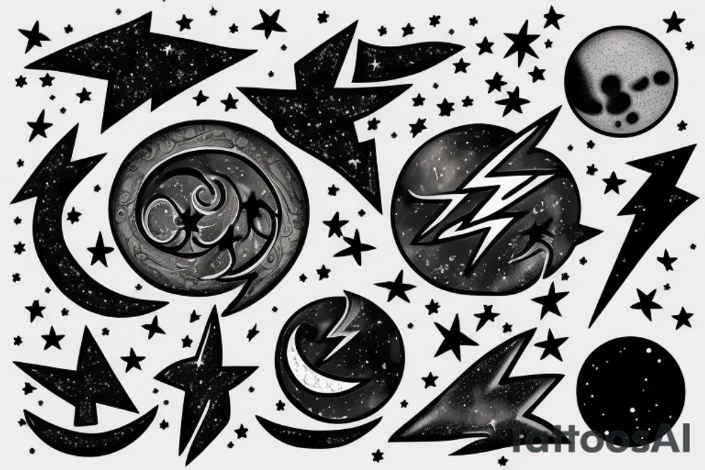 Chest peice with lightning in the night sky with moon and stars tattoo idea