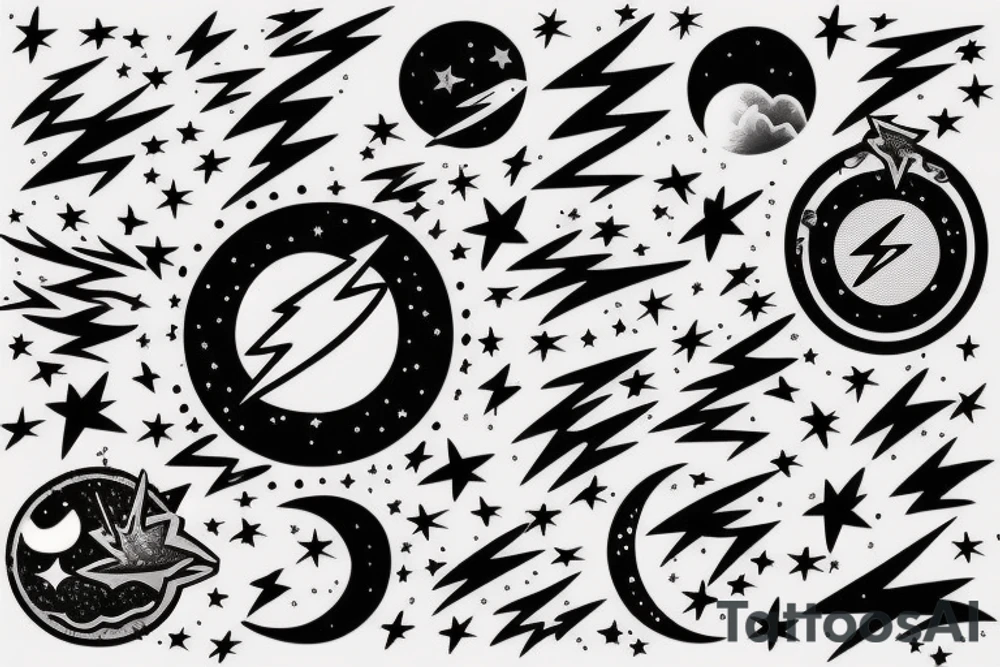 Chest peice with lightning in the night sky with moon and stars tattoo idea