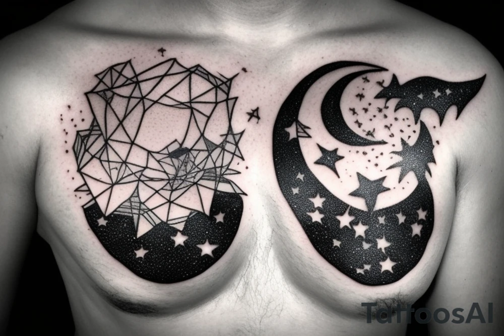 Chest peice with lightning in the night sky with moon and stars tattoo idea