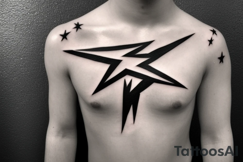 Chest peice with lightning in the night sky with moon and stars tattoo idea