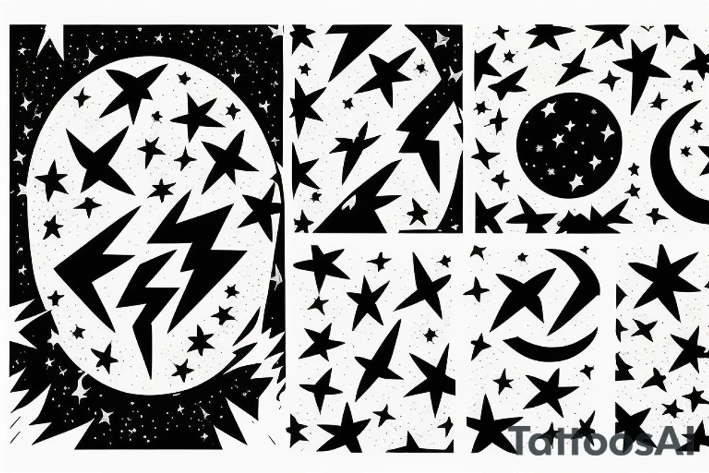 Chest peice with lightning in the night sky with moon and stars tattoo idea