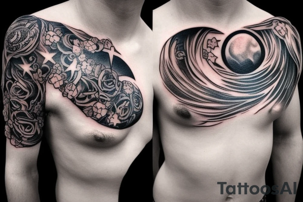 Chest tattoo with lightning in the night sky with moon and stars tattoo idea