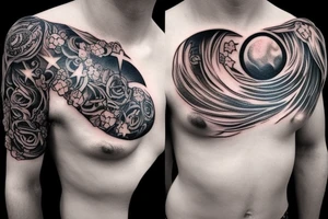 Chest tattoo with lightning in the night sky with moon and stars tattoo idea