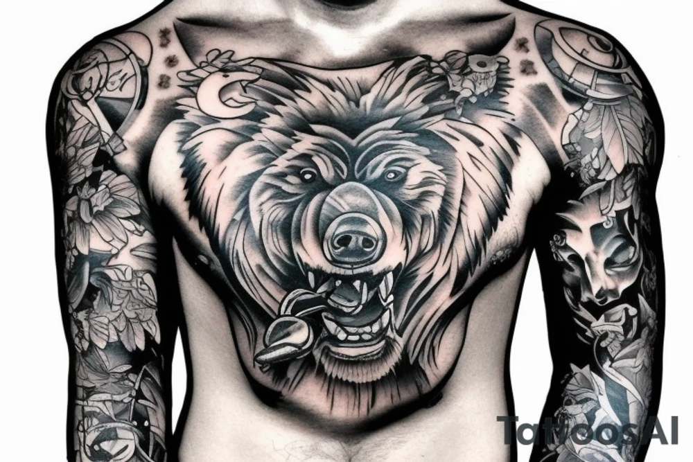 Man fighting a bear chest tattoo tattoo idea